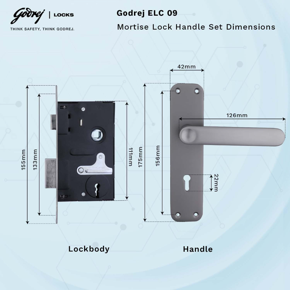 Godrej Mortise Lock I Door Handle Set | ELC 09 | 6-Lever Locking Mechanism | Reversible Latch | for Wooden Doors (Matte Black Nickel) | 5 Years Warranty